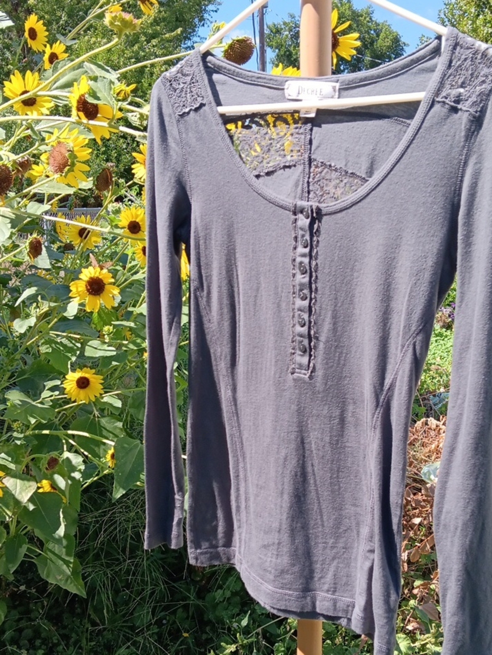 Decree Dark Grey Long Sleeve Henley with Lace Yoke